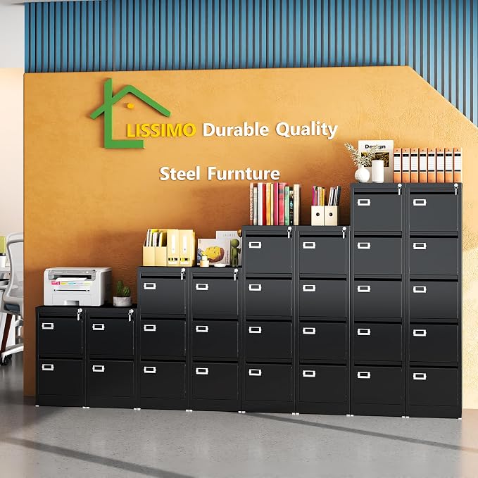 5 Drawer File Cabinet, Black Metal Filing Cabinets with Lock Name Card Holder, Metal Vertical Filing Cabinets for Home Office, Steel Storage Cabinet fits Letter/Legal/A4 Size(Assembly Required)