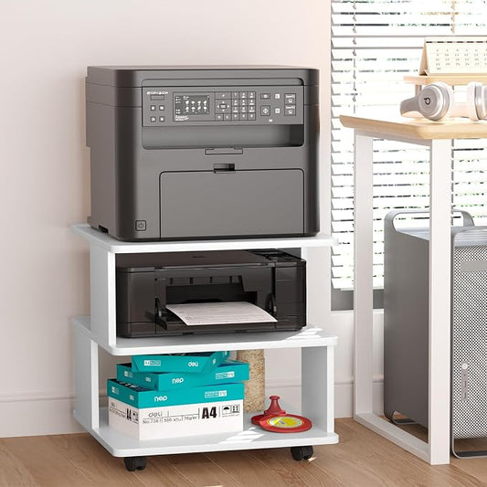 Arbuxzuy Large Printer Stand with Storage Shelf, 3 Tier Mobile Printer Cart for Home Office, Stands for Heat Press Scanner Fax, White