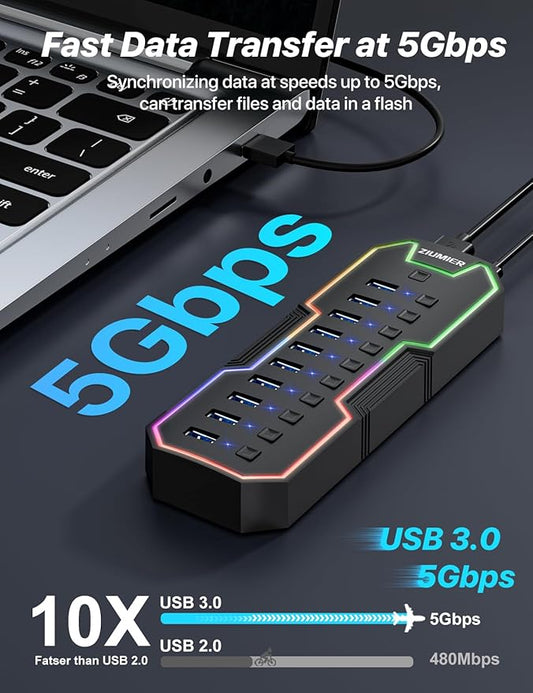 ZIUMIER Powered USB Hub, 10 Ports USB 3.0 Hub with RGB LED Strip | 12V/2A Power Adapter USB Extension,Individual LED On/Off Switches for Mac, PC, Desktop, Flash Drive, Mobile HDD