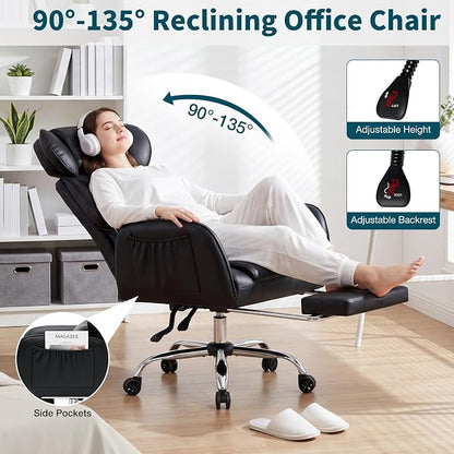 HOFFREE Criss Cross Office Chair with Wheels Ergonomic Office Chair with Reversible Armrest Wide Seat Comfy Desk Chair with Foot Rest for Gaming, Reading, Working (Black,Leather)