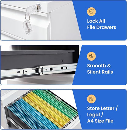 MIIIKO White Filing Cabinet 3 Drawers on Wheels Under Desk, Metal Rolling File Cabinet with Lock for Home Office, Small Mobile File Cabinet for Letter Legal File Folders, Un-Assembled