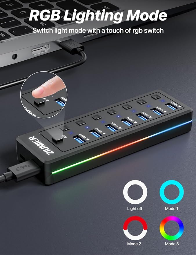 RGB USB Hub,7 Port USB Splitter Data Transfer for Gaming,Home,Office,School | USB 3.0 Hub with RGB LED Strip - Individual LED On/Off Switches for Laptop, PC, Mouse, Keyboard, Hard Drive