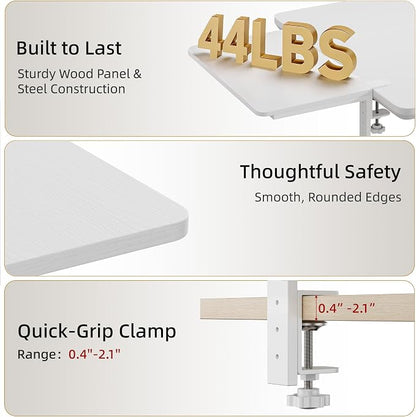 Desk Extender, 15-inch Clamp-On Desk Shelf, Height-Adjustable Desktop Shelf Organizer for Monitors Office and Gaming Accessories, Arm Support Table Extension, 44lbs Heavy Duty, White