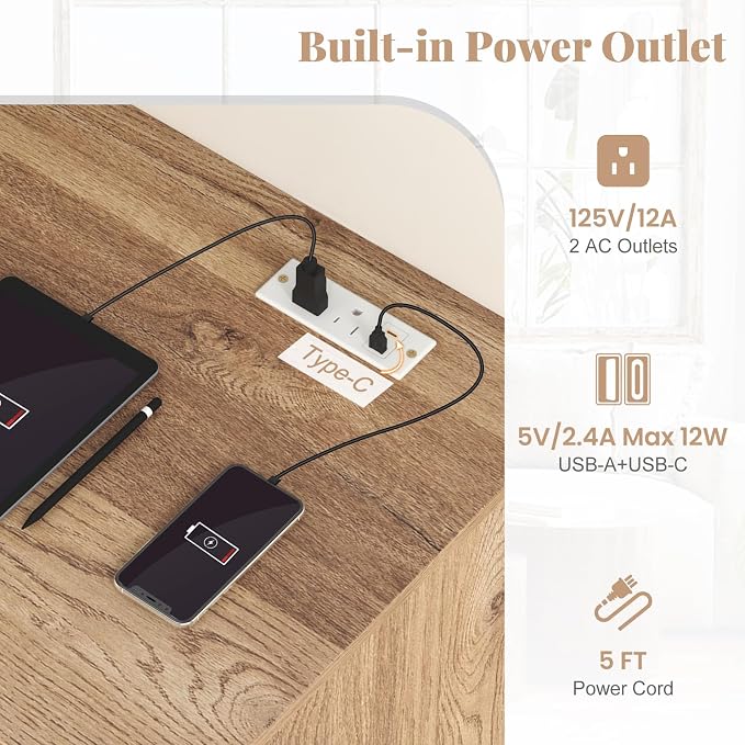 Giantex Computer Desk with Drawers, Modern Home Office Desk with Charging Station & Keyboard Tray, Laptop PC Computer Workstation, Study Writing Desk for Bedroom (Natural)