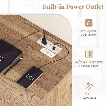 Giantex Computer Desk with Drawers, Modern Home Office Desk with Charging Station & Keyboard Tray, Laptop PC Computer Workstation, Study Writing Desk for Bedroom (Natural)