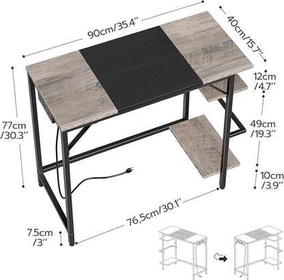 HOOBRO Small Computer Desk, Home Office Desk with Power Outlet, Writing Desk with 2 Shelves, Modern Small Desk for Home Office, Study, Easy to Assemble, Charcoal Gray and Black BG43UDN01