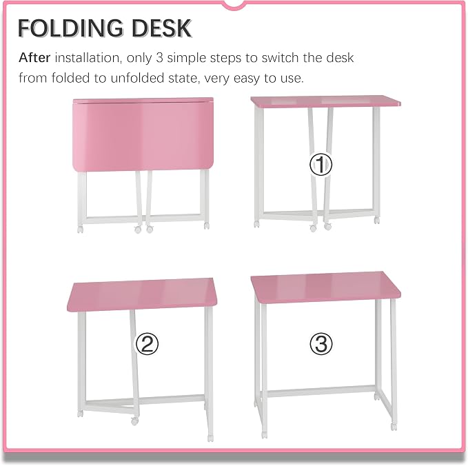 4NM 23.6" Mobile Small Folding Desk, Foldable Rolling Computer Home Office Desk, Study Writing Table for Small Space Saving Bedroom, with Wheels - Pink and White