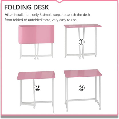 4NM 23.6" Mobile Small Folding Desk, Foldable Rolling Computer Home Office Desk, Study Writing Table for Small Space Saving Bedroom, with Wheels - Pink and White