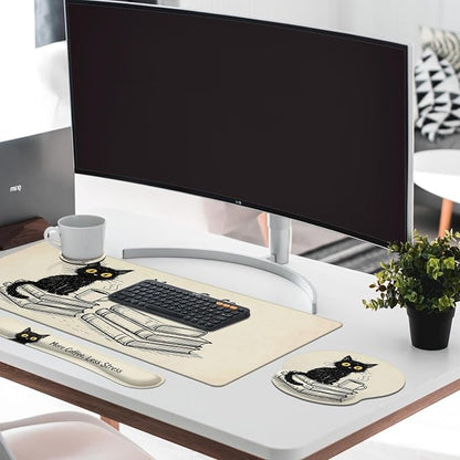 Britimes Black Cat Coffee Keyboard Mouse Pad Set Vintage Funny Book 4in1 Large Mousepad+Keyboard Wrist Rest+Mouse Wrist Rest+Coaster Ergonomic Design for Home Office Computer 35.4x15.7 inches
