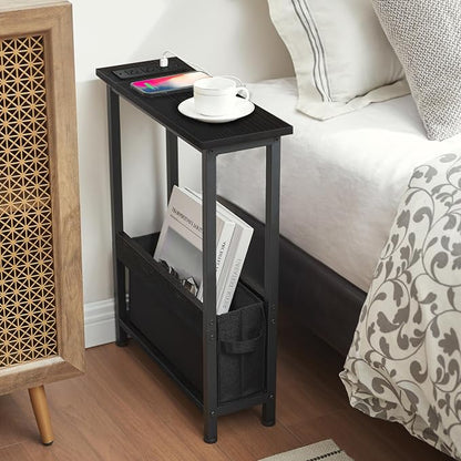 BAMGROW Slim Charging End Table with Storage - for Small Spaces and Bedroom (Black)