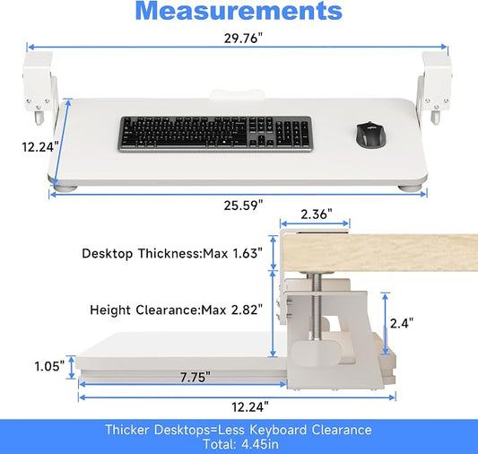 XINLEI Keyboard Tray Under Desk Large C-Clamp 25.6” (30” Including Clamps) x 11.8” Slide-Out Platform Computer Drawer Pull Out Keyboard & Mouse Tray White DSF4W