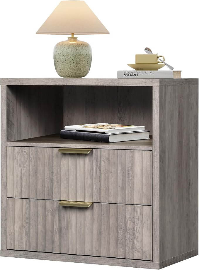 WLIVE Fluted Night Stand, Wood Nightstands with 2 Storage Drawers and Open Shelf, Mid Century Modern Bed Side Tables for Bedroom, Dorm, Greige