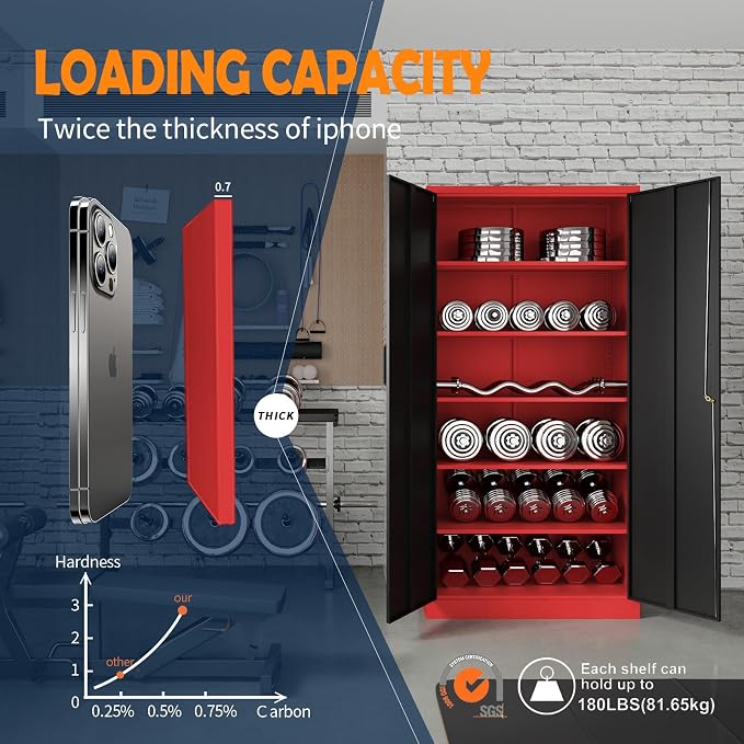 Yizosh Metal Storage Cabinet with Lock Doors and 5 Adjustable Shelves,- 72" Garage Storage Cabinet for Home,Office,Garage,School