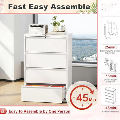 Superday Lateral File Cabinet 4 Drawer Metal File Cabinet with Lock, White Filing Cabinets for Home Office, Locking Filing Cabinets Hanging Files Letter/Legal/F4/A4