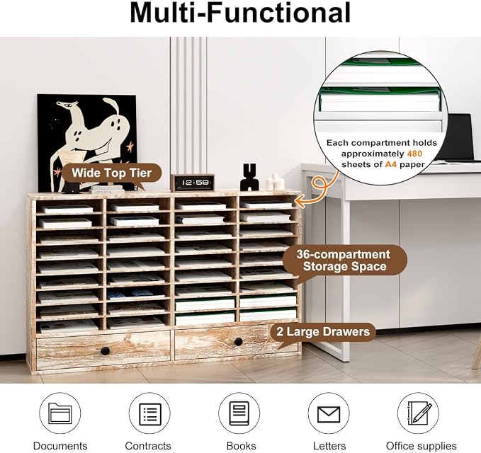 TQAVI Wood Classroom Mailbox 36 Compartments with 2 Drawer, Large Paper Organizer with Adjustable Shelves to Sorting Literature Bill, A4 Size File Organizer for Office School Home, Retro White