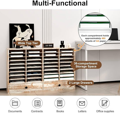 TQAVI Wood Classroom Mailbox 36 Compartments with 2 Drawer, Large Paper Organizer with Adjustable Shelves to Sorting Literature Bill, A4 Size File Organizer for Office School Home, Retro White