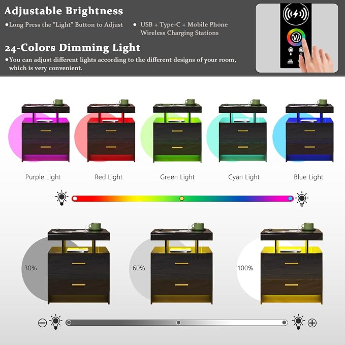 HNEBC Auto LED Nightstands Set of 2,Modern Bedside Table with USB Ports & Wireless Charging Station,High Gloss Bedside Tables with 2 Drawers,Nightstands for Bedrooms/Living Room/Office (Black)