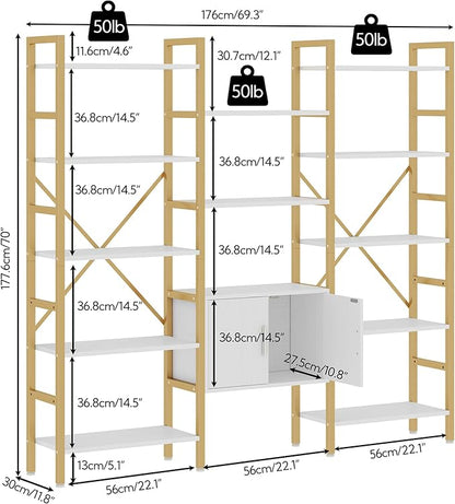 Yusong Bookshelf Triple Wide 5 Tier Bookcases with Storage Cabinet, Industrial Large Modern Tall Bookshelves with 12 Open Display Shelves for Living Room Office Bedroom, White and Gold