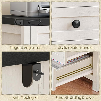 Halitaa 5 Drawer Storage Cabinet, Office Storage Cabinet with 5 Drawers, Small Farmhouse Printer Stand for Home Office, Rustic White and Black