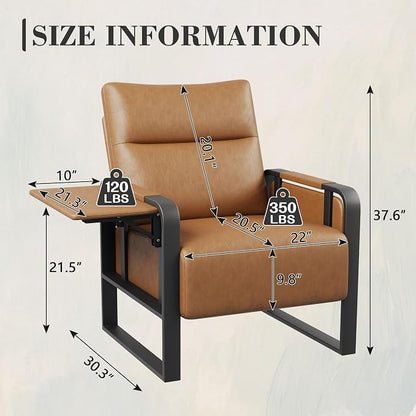Upholstered Living Room Chair Armchair Set of 2, Mid Century Faux Leather Metal Accent Chair, Reception Couch Office Guest Chair Slipper Club Lounge Single Sofa with Sidetable for Bedroom-Light Brown