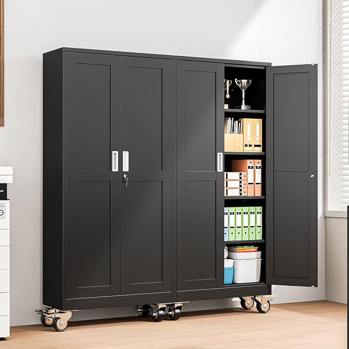 pozdeg 71" Metal Garage Storage Cabinets with Wheels, Lockable Rolling File Cabinets with 2 Doors and 4 Adjustable Shelves, Steel Tool Organizer Locker for Office Home Garage Gym School, Black