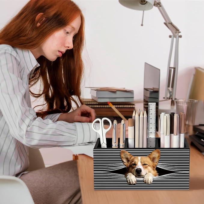 Funny Corgi Pen Pencil Holder for Desk, Corgi Lovers Gifts for Women Men, Dog Mom Lovers Gifts, Dog Office Decor Wooden Box Sign Decorations for Home Office Bedroom Desk Tabletop