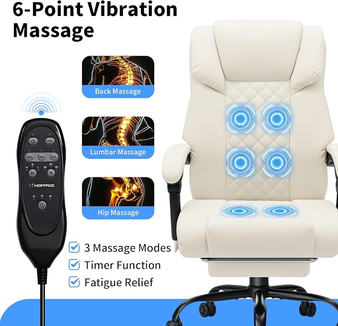 HOFFREE 400lbs Massage Office Chair with Foot Rest 6 Points Vibration Ergonomic Executive Office Chair Reclining High Back Computer Desk Chairs Beige