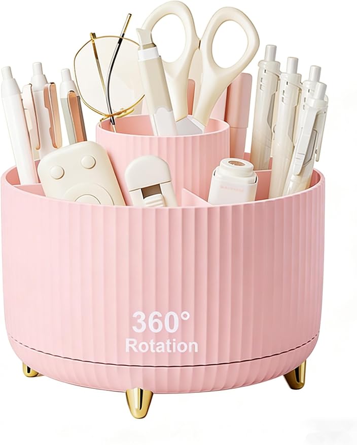 Pencil Pen Holder 5 Slots 360°Degree Rotating Pen Organizers for Desk Desktop Storage Stationery Supplies Cute Pencil Cup Pot Kids Desk Organizer for Office Home School（Pink 2）