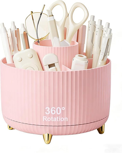 Pencil Pen Holder 5 Slots 360°Degree Rotating Pen Organizers for Desk Desktop Storage Stationery Supplies Cute Pencil Cup Pot Kids Desk Organizer for Office Home School（Pink 2）