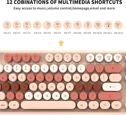 Beige Wireless Keyboard and Mouse Combo, Cute Aesthetic Typewriter Keyboard with Round Keys, 2.4Ghz Retro Bubble Full Size Wireless Keyboard with Number Pad for Long Nails PC Laptop