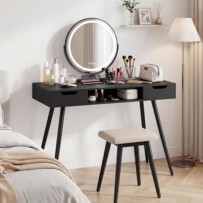 Giantex Mid Century Modern Computer Desk with Drawers, 42.5" Writing Desk with Open Storage Cubby, Vanity Table with Metal Leg, Compact Wooden Study Table for Small Spaces Home Office (Black)