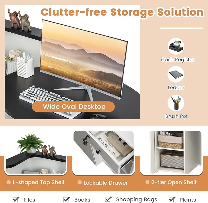 Tangkula Reception Desk, Front Counter Desk with Lockable Drawer & Adjustable Shelf, Oval Desktop, Retail Counter for Checkout, Computer Workstation for Salon Lobby Office, Home Office Desk