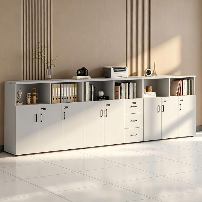 File Cabinet with Password Lock, Wood Lateral Filing Cabinet for Letter/A4 Files, 3 Drawer with Door, Printer Stand with Open Shelves for Home Office
