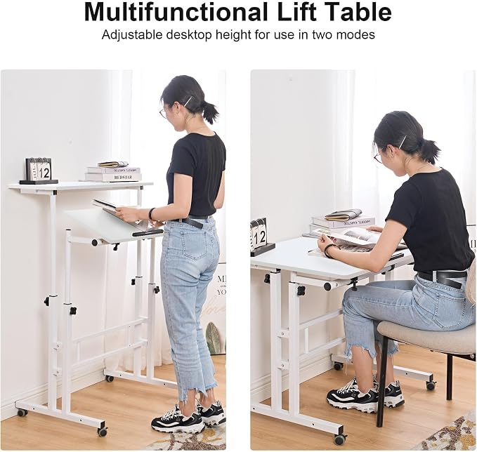 Mobile Laptop Sit-Stand Desk, soges Height Adjustable Standing Tiltable Top Desk, 31.5 inch Stand Up Computer Desk for Home Office, Small Rolling Desk for Small Space, White