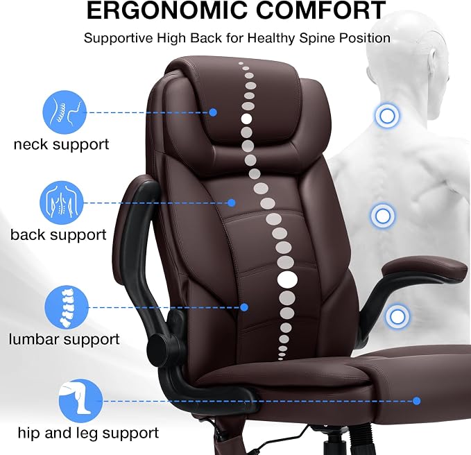 Big and Tall Office Chair 450lbs Heavy Duty Executive Desk Chair with Adjustable Lumbar Support High Back Ergonomic Home Computer Leather Chair with Padded Flip-up Arms for Heavy People,Brown