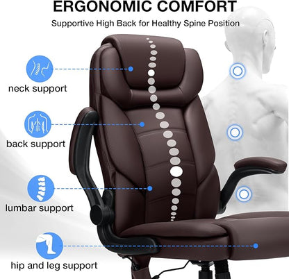 Big and Tall Office Chair 450lbs Heavy Duty Executive Desk Chair with Adjustable Lumbar Support High Back Ergonomic Home Computer Leather Chair with Padded Flip-up Arms for Heavy People,Brown