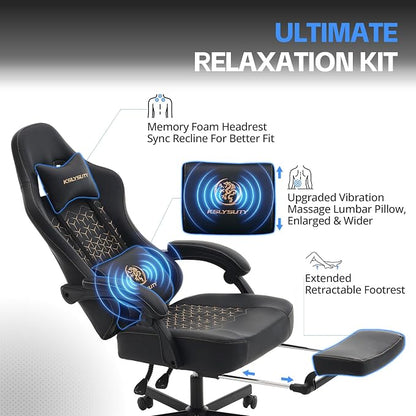 Desk Computer Gaming Chair - Ergonomic Game Office Chair with Extended Footrest and Massage Lumbar Support, Home Gamer Video Game Chairs with Spring Cushion for Adults (Pro Black Leather)