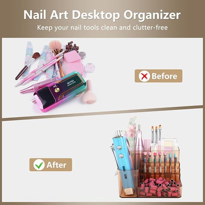 Nail Drill Holder, 21 Holes Nail Drill Machine & Bits Storage Box, Acrylic Nail Drill Bit Holder Professional Nail Tools Organizer, Nail Desk Organizer for Nail Tech (Coffee)