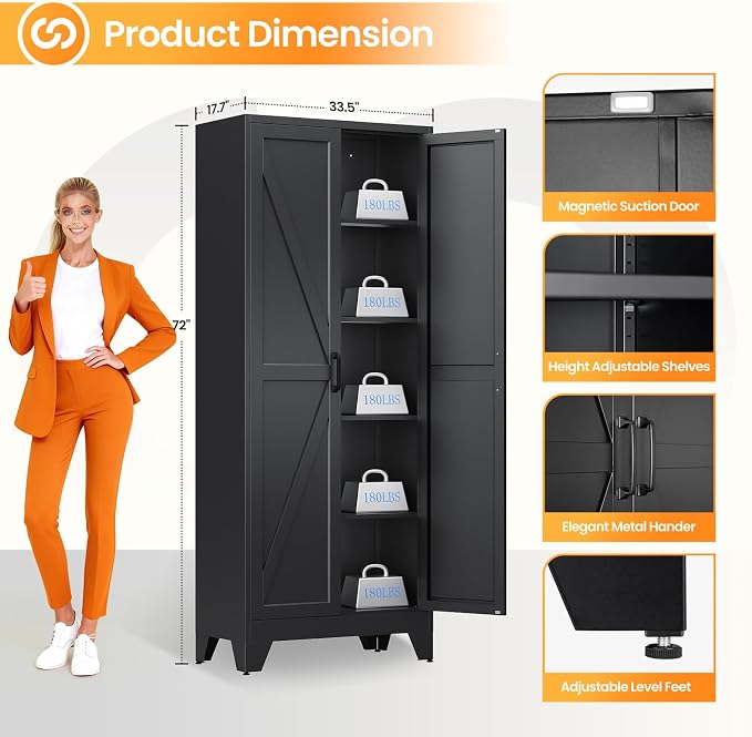 Metal Black Storage Cabinet with 2 Doors and 4 Adjustable Shelve, 72" Tall Kitchen Pantry cabinets, Farmhouse Food Pantry Cabinet,5 Tier Freestanding Barn Door Cupboard for Kitchen Dining/Living Room
