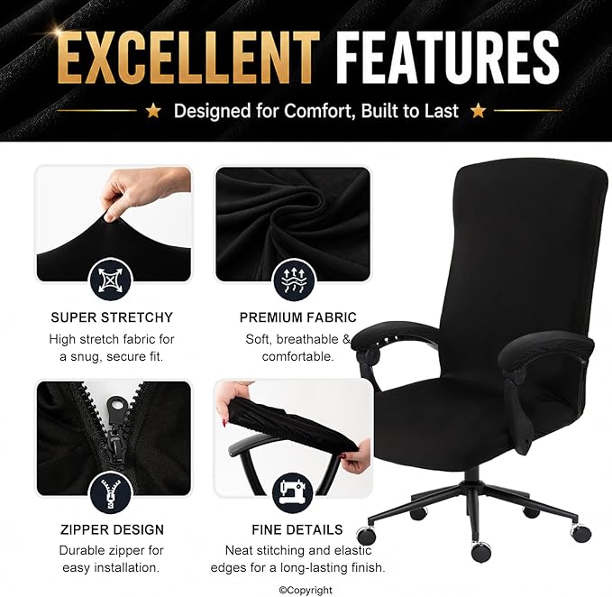 Computer Office Chair Cover with Armrest Covers Water Resistant Durable Zipper Universal Washable Removable Spandex Rotating Boss Chair Slipcovers Anti-dust Soft Desk Chair Seat Protector