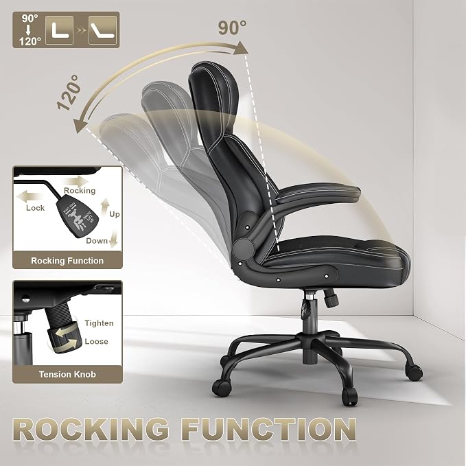 Ergonomic Executive Office Chair, High Back PU Leather Computer Desk Chair with Flip-Up Armrests, Lumbar Support, Adjustable Height and Rocking Function, Black