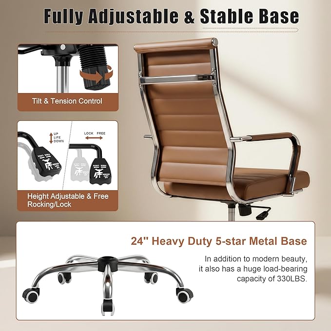 Okeysen Ergonomic Office Desk Chair, Ribbed Leather Modern Conference Room Chairs, Executive Adjustable Swivel Rolling Chair for Home & Office.
