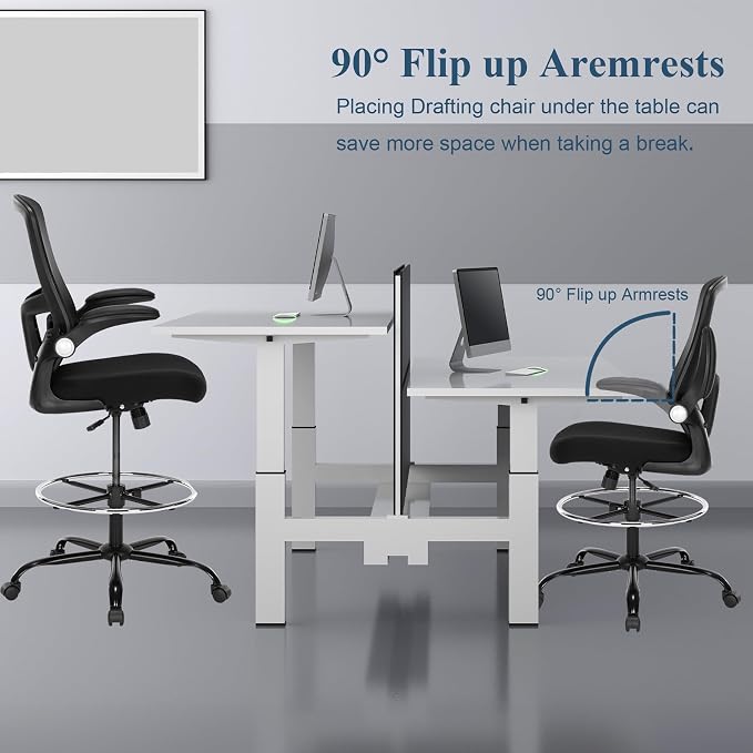 Ergonomic Drafting Chair – Tall Office Chair for Standing Desk, Adjustable Height Mesh Chair with Footrest and Flip-Up Arms, Counter Height, Black