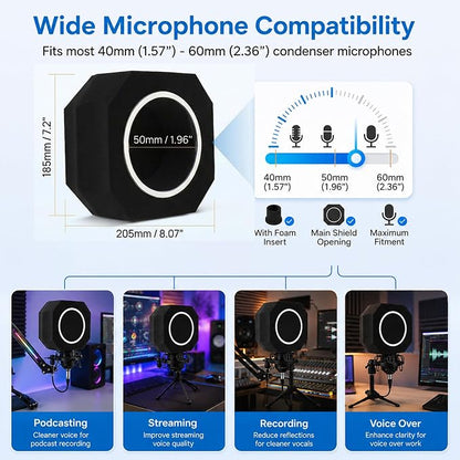 Mic Isolation Shield with Pop Filter for Recording | Reduces Echo and Room Reflections; Fits 40-60mm Condenser Mics; for Podcasting,Streaming,Singing and Coiceovers