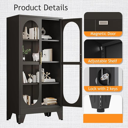 PAOFIN 61" H Locking Display Cabinet with Glass Door, Metal Cabinets with 3 Adjustable Shelves, Cabinet Display Case for Living Room, Collectibles, Clinic, Home - Assembly Required Black