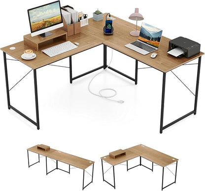 Tangkula L-Shaped Computer Desk with Power Outlets, 95” Long 2-Person Desk with Monitor Shelf, Modern Corner Desk Gaming Table with USB Ports for Home Office