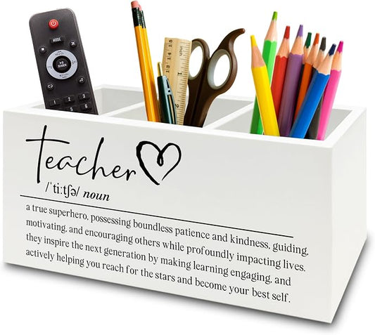 Teacher Pen Pencil Holder Organizer for Desk, Teacher Appreciation Gifts, End of the Year Teachers Gifts for Women Men Wooden Box Sign for Office Workplace Classroom Desk Tabletop Decorations