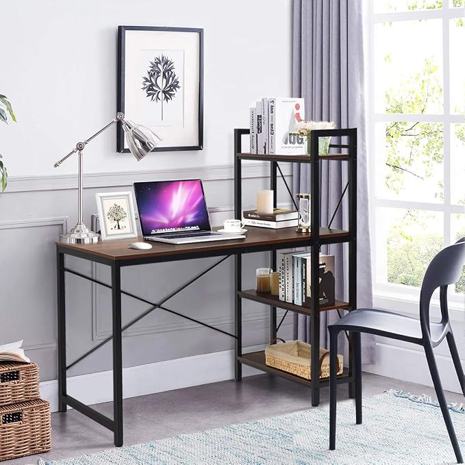 Tangkula Computer Desk with 4 Tier Shelves, Study Writing Desk with Storage Bookshelves, Modern Compact Home Office Workstation, 47.5" Tower Desk with Steel Frame & Adjustable Feet Pad, Teak