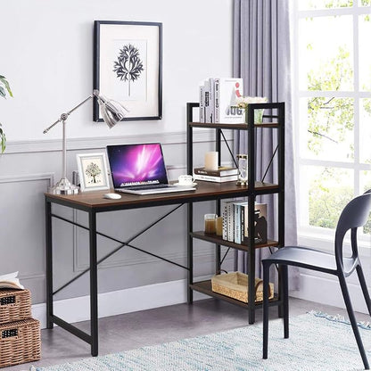 Tangkula Computer Desk with 4 Tier Shelves, Study Writing Desk with Storage Bookshelves, Modern Compact Home Office Workstation, 47.5" Tower Desk with Steel Frame & Adjustable Feet Pad, Teak