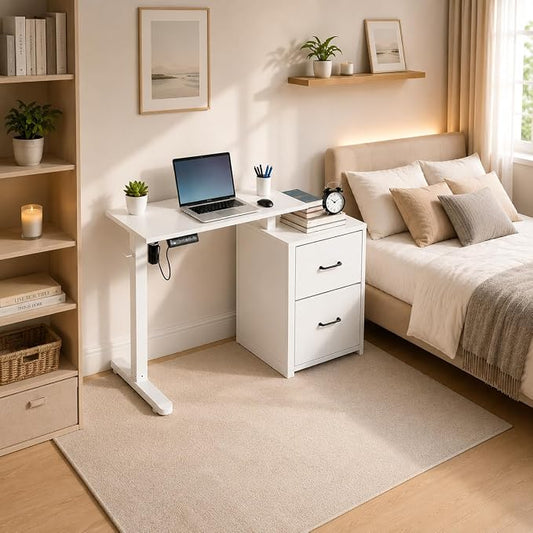 NORTHSKY Small Electric Standing Desk with Drawers, 32 x 18 Inches Sit Stand Desk with Storage, Height Adjustable Small Computer Desk, 3 Memory Preset, 1 Hook, Cable Management, White